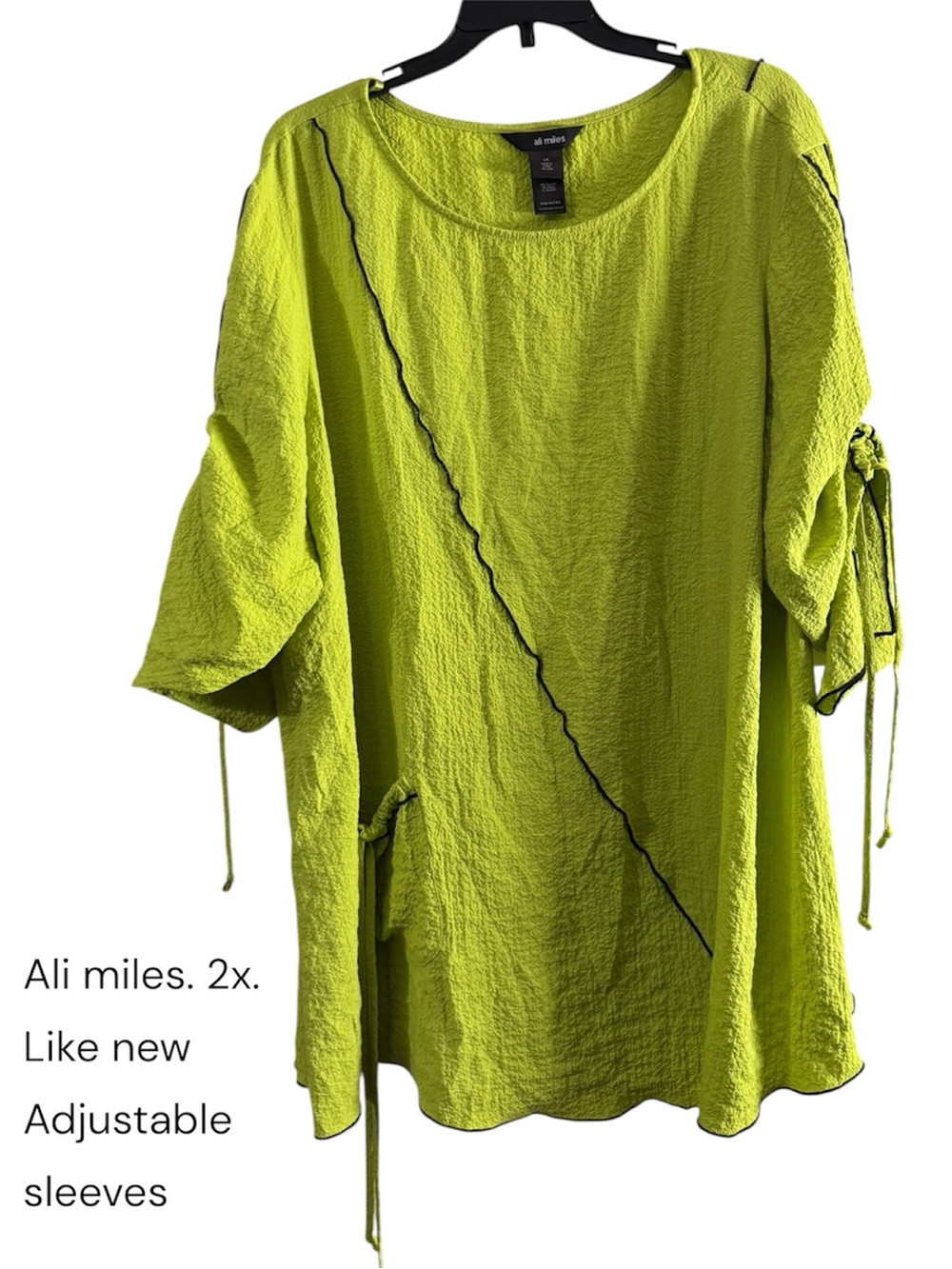 Ali Miles Neon Lime Crinkle Tunic with Tie Sleeves